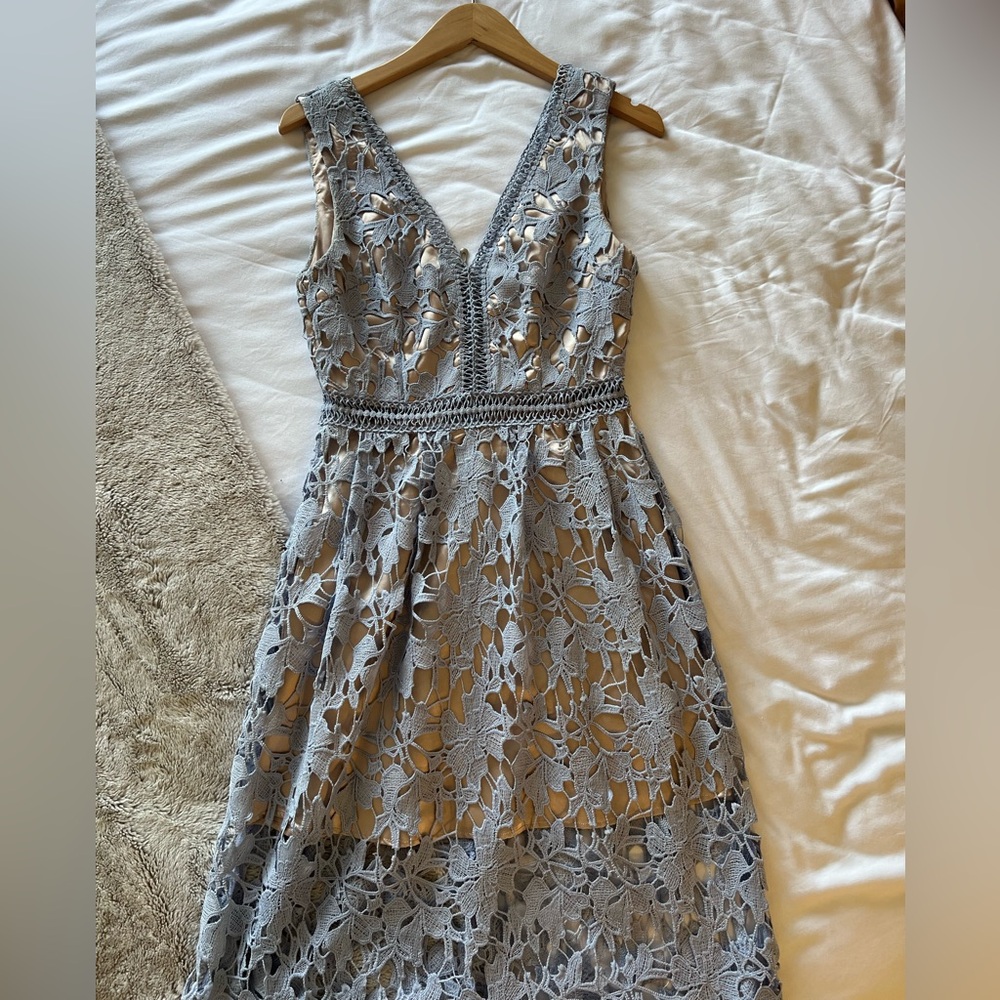 Light Blue Lace Overlay Midi Dress